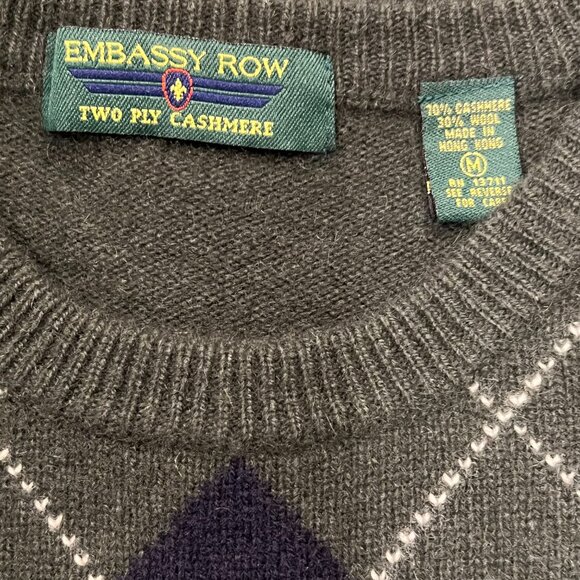Embassy Row Argyle Cashmere Wool Crew Sweater, Green Navy Maroon, M - Picture 3 of 6